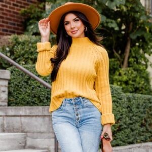 Pink Lily Letting You Go Mustard chenille turtleneck sweater